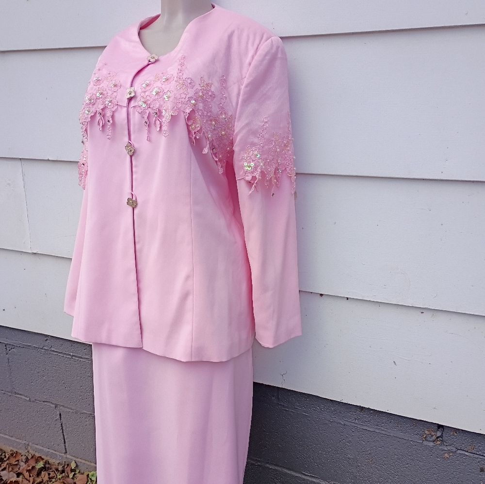 Vintage Pink Embellished Skirt Suit